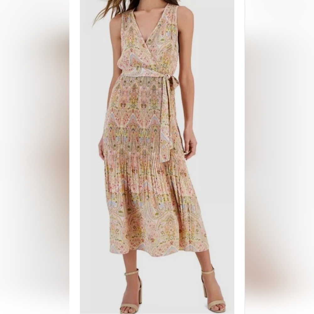 T Tahari Women's Pink Pleated Belted Faux-Wrap Maxi Dress Size M